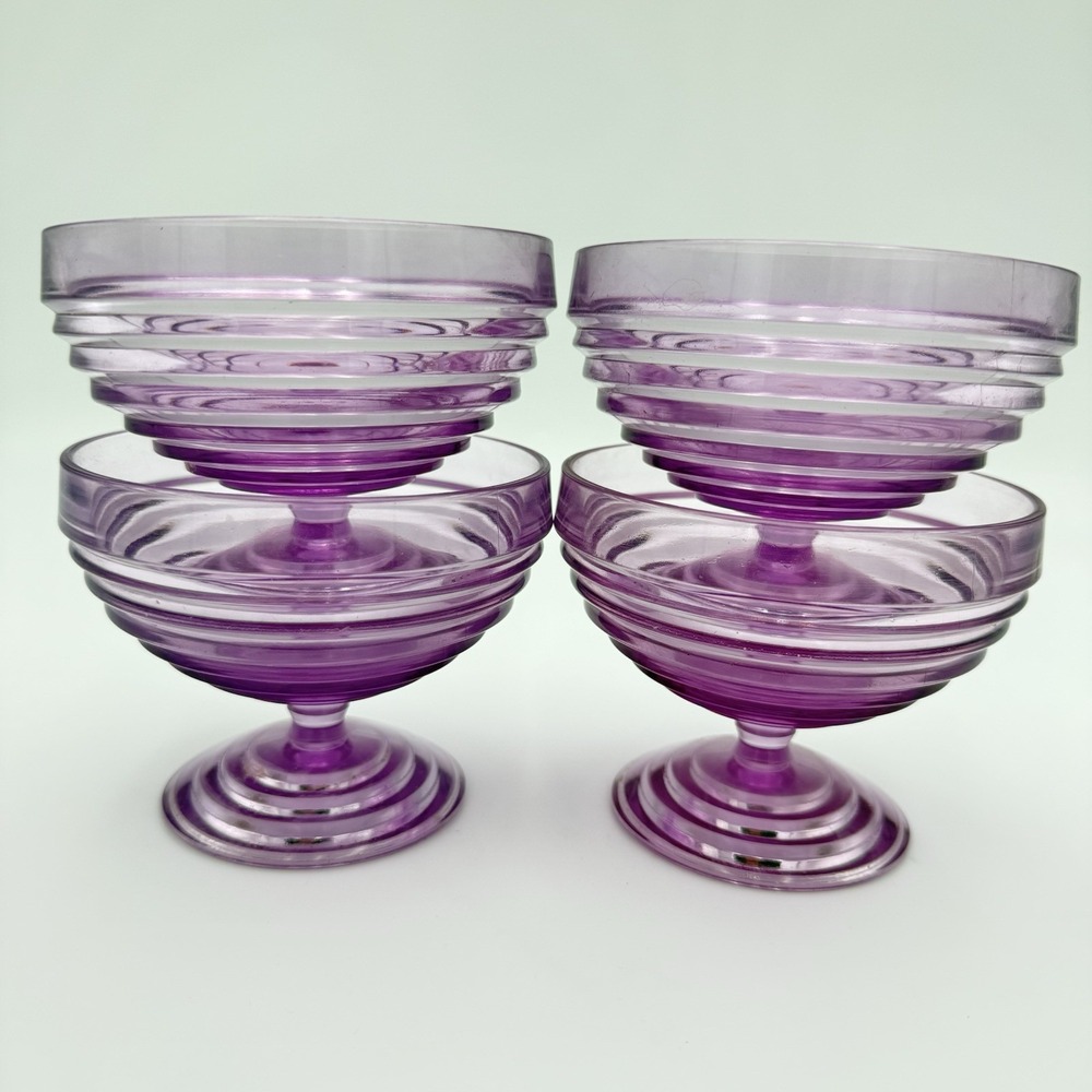Vtg Purple Acrylic Plastic Footed Dessert Dishes Glasses Lot Of 4 Swirl